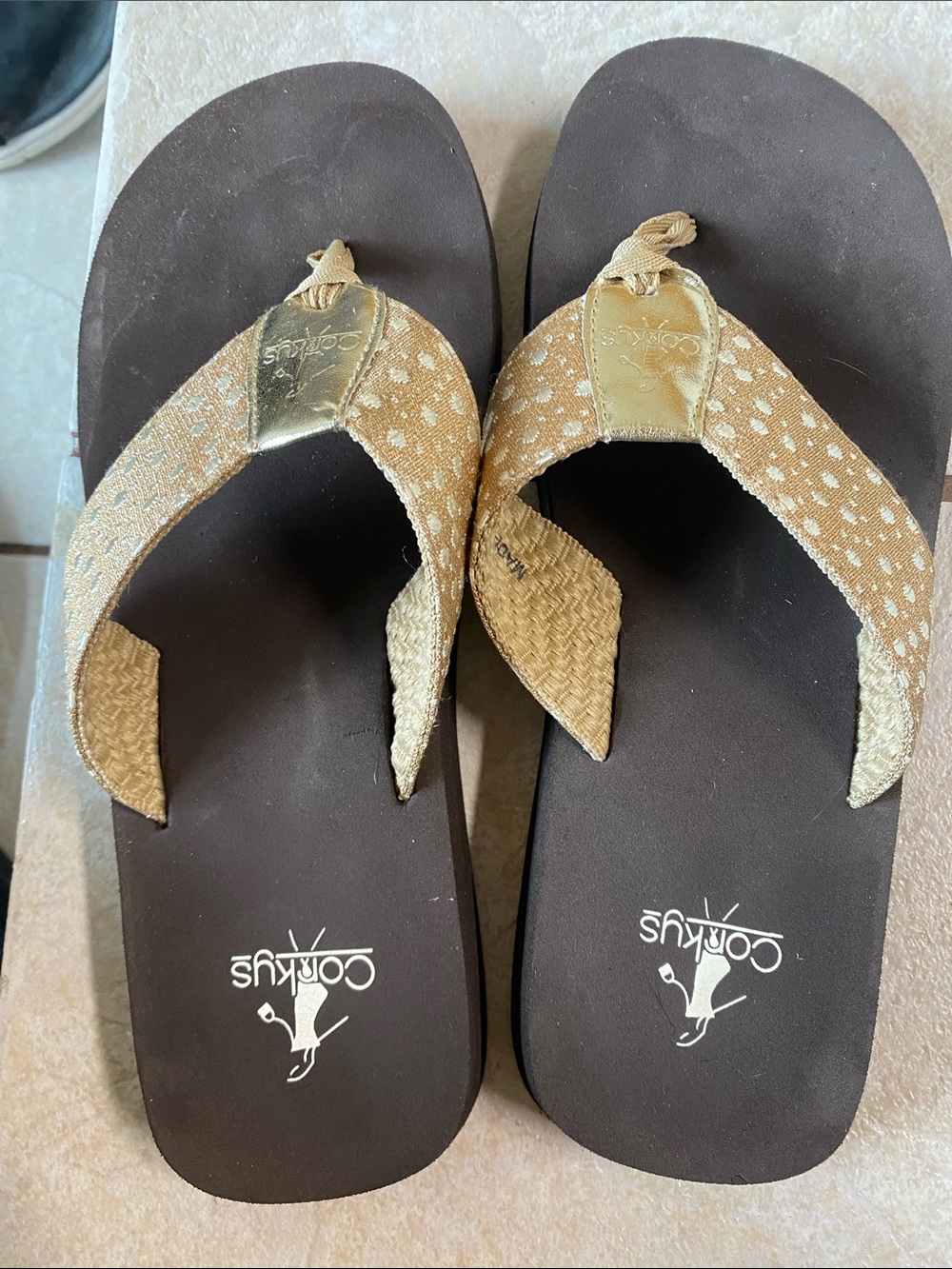 Corkys Brown Footbed Sandals with Tan Patterned Straps